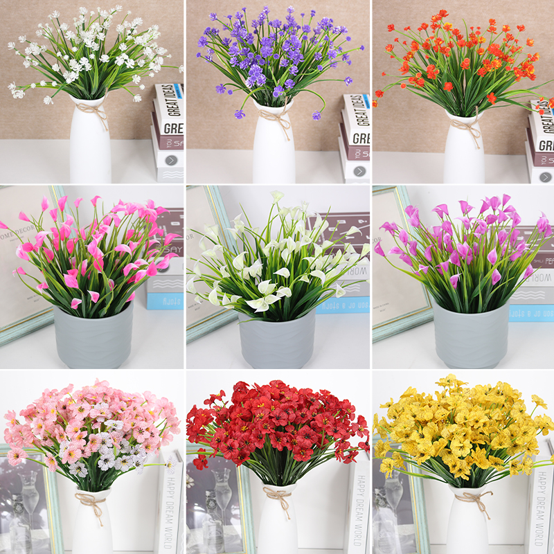 仿真春草紫罗兰马蹄莲茶花塑料花束小把花坛花槽装饰花卉室内摆件