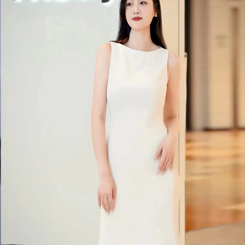 OL通勤一步进口三醋酸纯色连衣袖