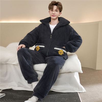 男士睡衣冬季加厚加绒珊瑚绒冬天拉链青少年男生可外穿家居服套装