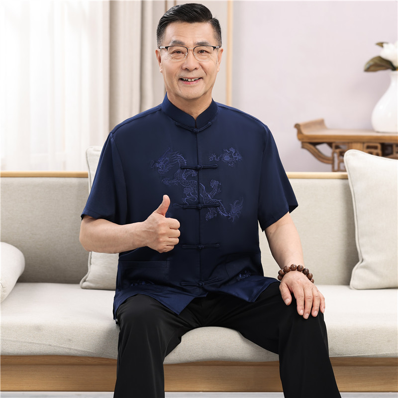 2024新款冰丝唐装男中老年夏装短袖套装爷爷装爸爸刺绣中国风男装