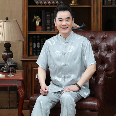 桑蚕丝夏季唐装男中老年短袖套装
