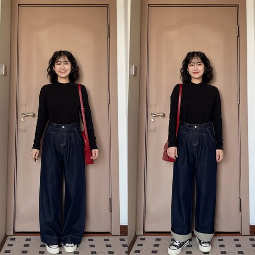 丹宁蓝翻边阔腿牛仔裤女2026年