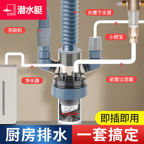 潜水艇厨房下水三通多功能接头