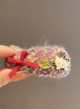 韩版甜美森系紫色毛呢卡通猫呢蝴蝶结边夹女气质侧边碎发一字夹