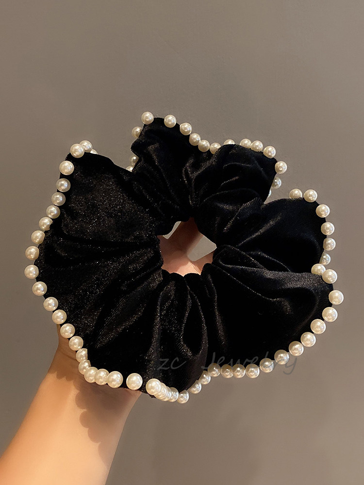 高级感黑色丝绒珍珠大肠圈女