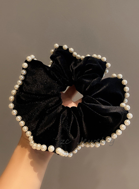 法式复古黑色丝绒珍珠大肠圈女高级感后脑勺扎头绳气质轻奢发饰