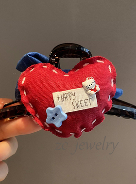 韩版甜美红色爱心撞色牛仔蝴蝶结抓夹高级感时尚后脑勺盘发鲨鱼夹