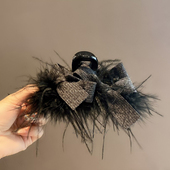 高级感时尚 灰色蝴蝶结羽毛抓夹女氛围感后脑勺显发量气质发卡发饰