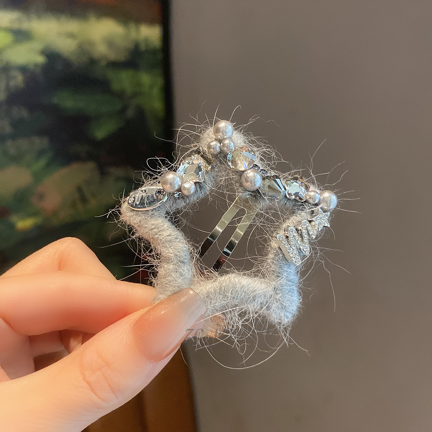 韩版东大门时尚灰色毛线五星珍珠边夹女时尚甜美侧边碎发一字夹