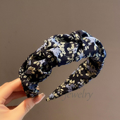 高级感复古藏青碎花发箍女时尚 精致高颅顶褶皱外出百搭发卡发饰