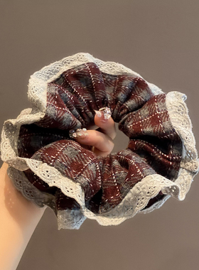 韩版灰色蕾丝撞色暗红格纹气质大肠圈女时尚复古后脑勺扎头绳发饰