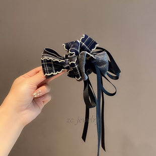 实拍~高品质韩版格子蝴蝶结飘带香蕉夹女时尚轻奢后脑勺盘发发抓
