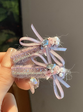 温柔紫色毛线重工闪钻玫瑰蝴蝶结边夹女时尚甜美侧边一字夹发卡