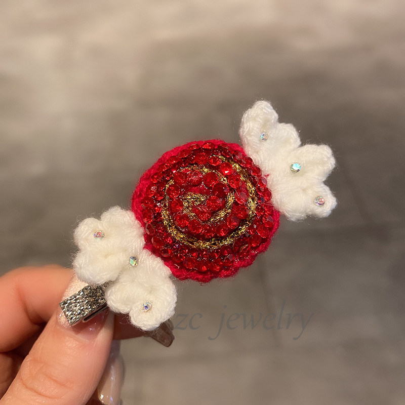 高级感重工喜庆红色闪钻发夹女手工毛线个性糖果侧边甜美碎发夹