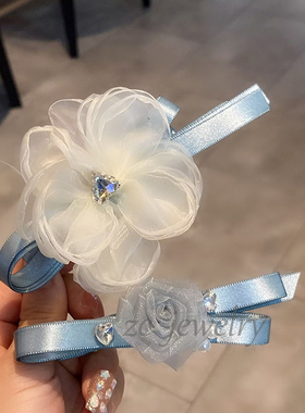 韩国东大门小众设计蓝色丝带蝴蝶结边夹女氛围感花朵碎发夹发饰