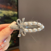 韩版 东大门新款 灰色毛线重工闪钻珍珠领结发夹女气质侧边碎发夹