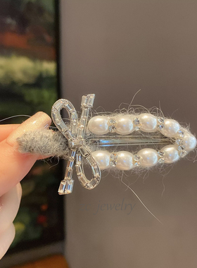 韩版东大门新款灰色毛线重工闪钻珍珠领结发夹女气质侧边碎发夹