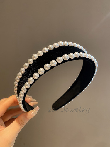 黑天鹅丝绒珍珠发箍女