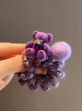 韩版新款紫色卡通小熊羊毛钻电话线皮筋女甜美少女丸子扎头绳发饰