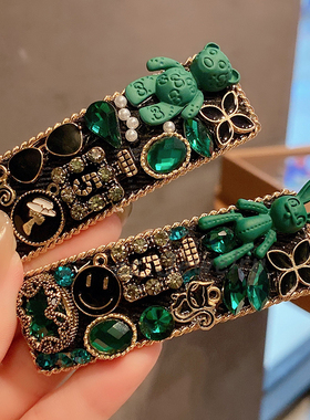 韩版重工满钻绿色兔子发夹小香风复古刘海BB夹刘海日韩一字夹发饰