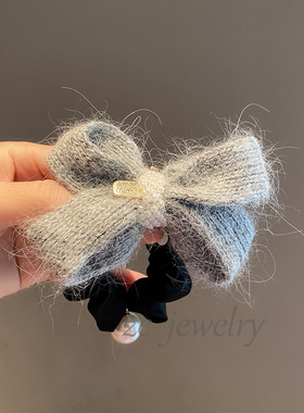 韩国甜美灰色毛线蝴蝶结肠圈女气质珍珠丸子头扎头绳新款皮筋发饰