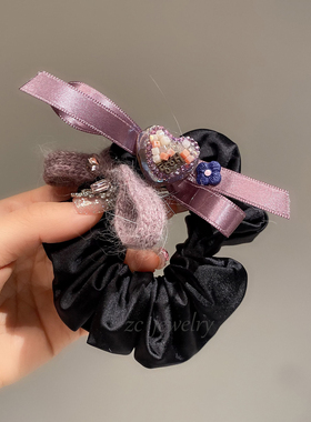 高级感优雅紫色毛线重工闪钻爱心蝴蝶结皮筋女气质后脑勺丸子发圈