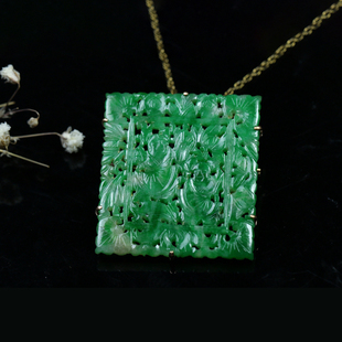 谷子家 18K金镶清代老翡翠冰糯阳绿合二仙牌子 吊坠 胸针A7-1267