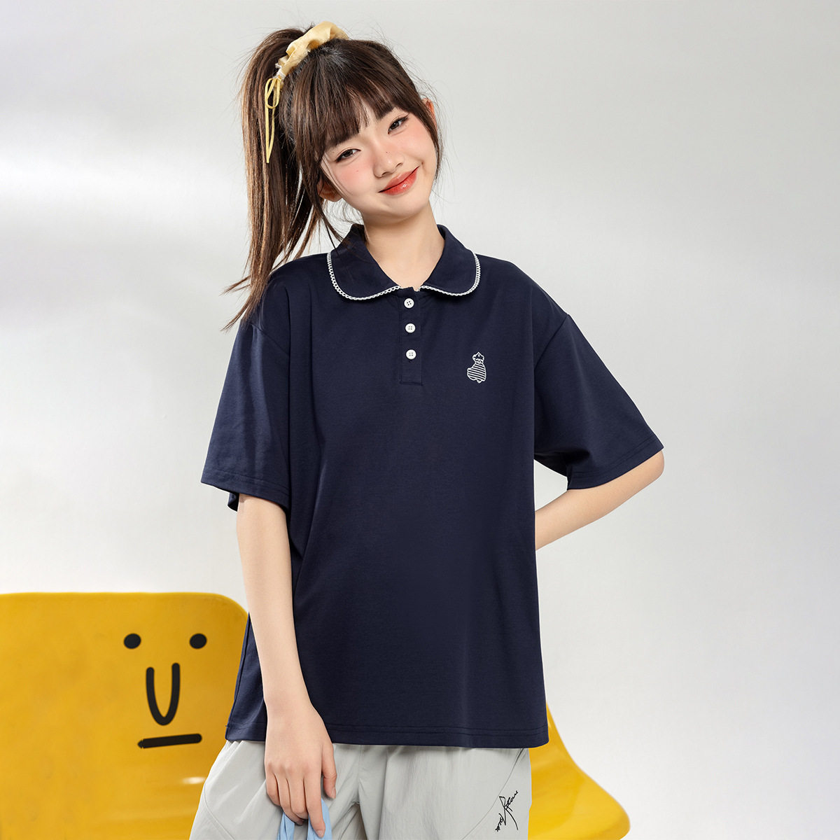学院风短袖POLO衫夏季女大童26初中生女孩洋气宽松半袖T恤
