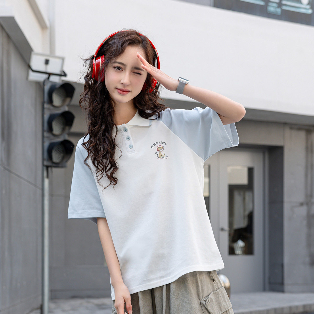 儿童短袖t恤女童polo衫中大童夏季撞色上衣简约初中生校服夏童装