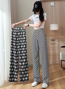 冰丝棋盘格子阔腿裤女夏季新款韩版花纹休闲裤子女宽松显瘦长裤女