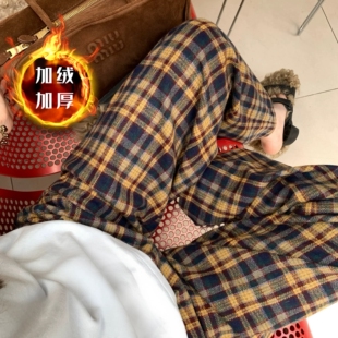 居家裤 加绒加厚羊羔绒格子裤 遛弯睡裤 女冬百搭高腰休闲棉裤 阔腿裤