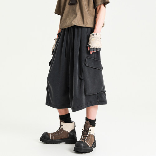 oversize阔腿工装褶皱灯笼七分裤