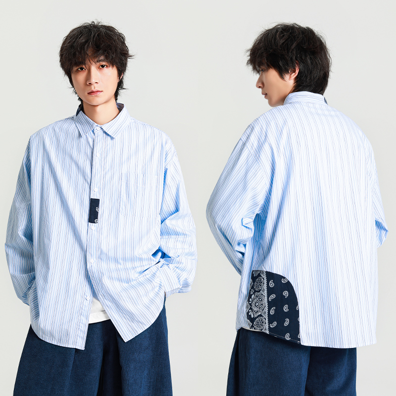 oversize腰果花拼接条纹长袖衬衫