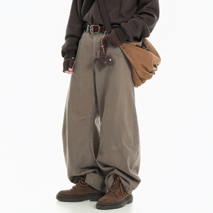 男废土风做旧水洗咖色oversize阔腿裤 裤 鹿街头痞帅弯刀工装 怕生