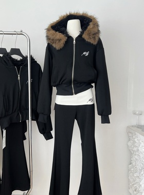 9.21新品 WESTAYONE毛领卫衣外套女2025新款秋冬+翻边加绒微喇裤