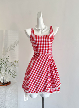 MAXMENT伯爵红茶 复古红格子设计感不规则蕾丝连衣裙收腰吊带裙夏