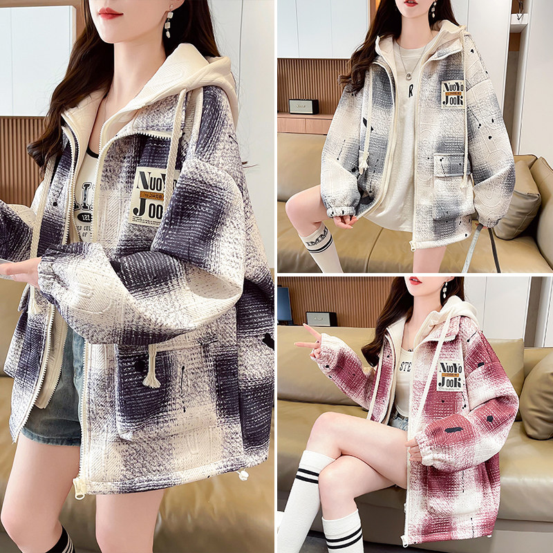 假两件外套女2026春季新款宽松学生印花百搭连帽外套夹克上衣女