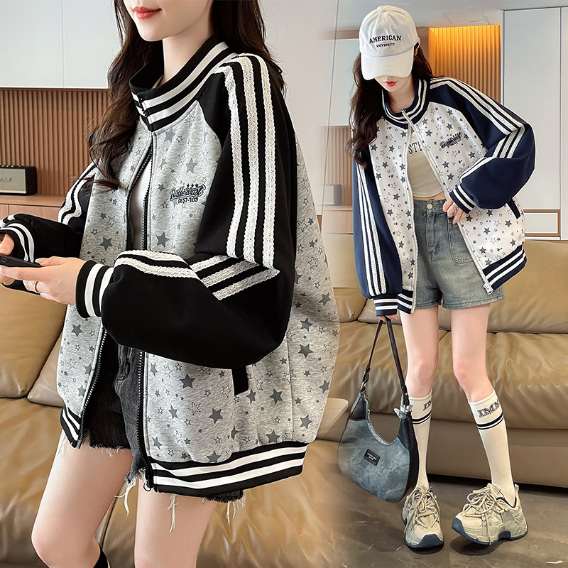 2026春季卫衣美式复古外套宽松星星拼色条纹学生立领棒球服夹克女