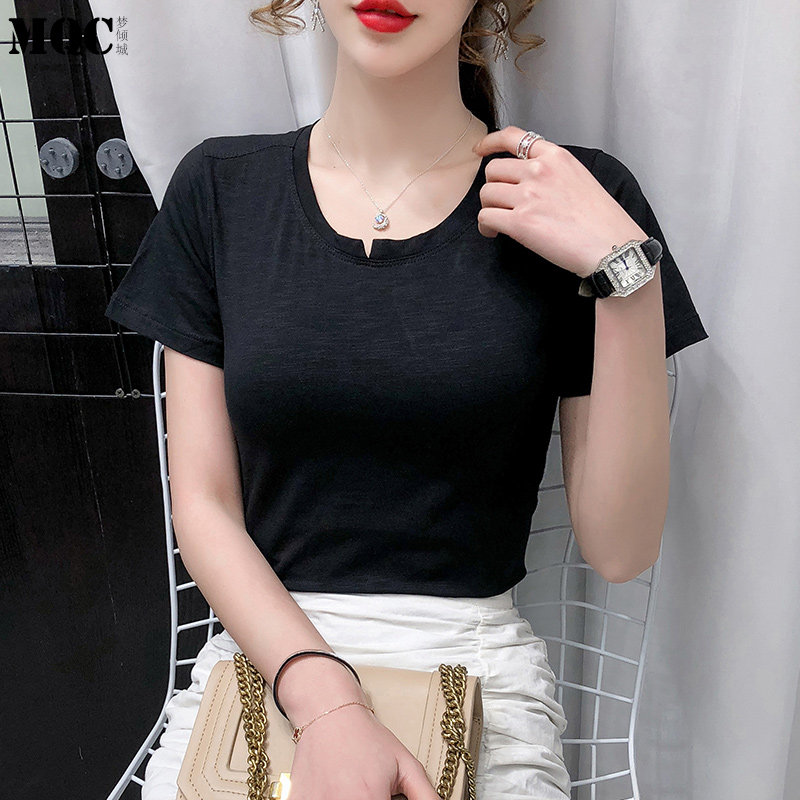2021早春新款黑色竹节棉短袖t恤上衣女夏装圆领修身显瘦套头打底