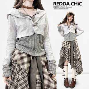 亚文化灰色长袖上衣女假两件拼接条纹修身亚比连帽卫衣早春外套