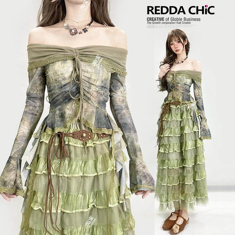 美式复古一字领辣妹网纱上衣短款长袖防晒不规则绿色荷叶边上衣