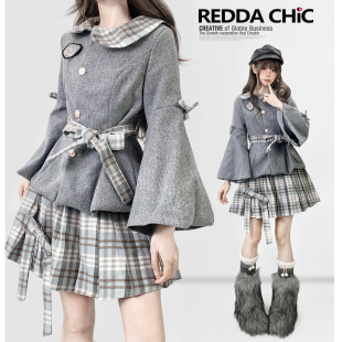 英伦风日系学院灰色毛呢翻领收腰短外套套装 格纹百褶中裙短裙女