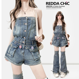 甜辣风牛仔连体短裤辣妹收腰休闲宽松抹胸y2k女团演唱会穿搭裤子
