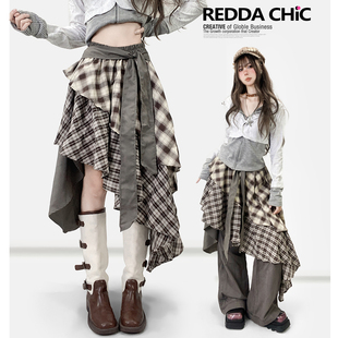 美式 过膝A子长裙 复古棕色格纹不规则拼接荷叶边叠穿蛋糕裙中长款
