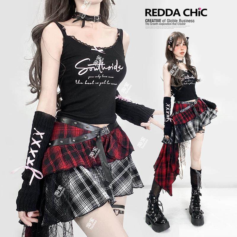 夏季y2k黑色蕾丝吊带小背心辣妹短款印花无袖修身上衣T恤+袖套