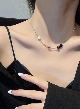 明星同款项链韩版黑白冰裂石锁骨链女时尚百搭甜酷风颈链小众