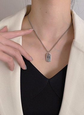 925纯银复古十字架方形吊牌锁骨链欧美做旧个性时尚毛衣链情侣潮