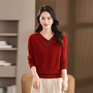 妈妈毛衣中老年时尚女装娃娃领羊毛衫女100纯羊毛秋菊金兔针织衫