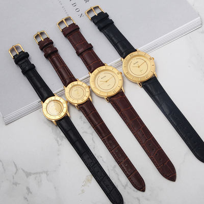 圆形商务风镀金真皮全新石英表