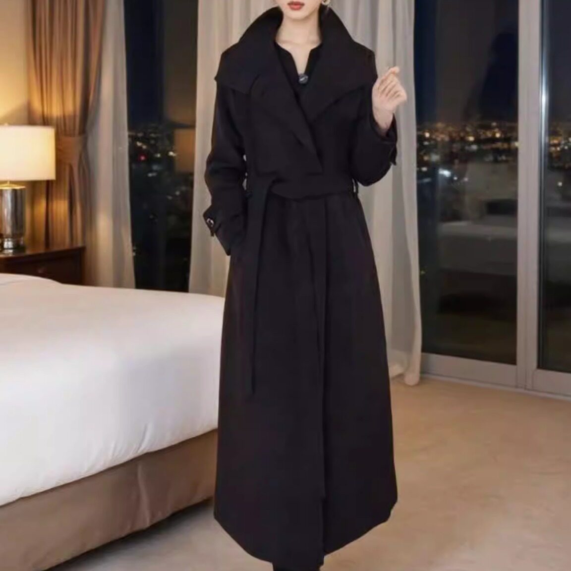 毛呢大衣气质时尚高领加厚保暖冬季加绒毛呢外套长款过膝时尚高级